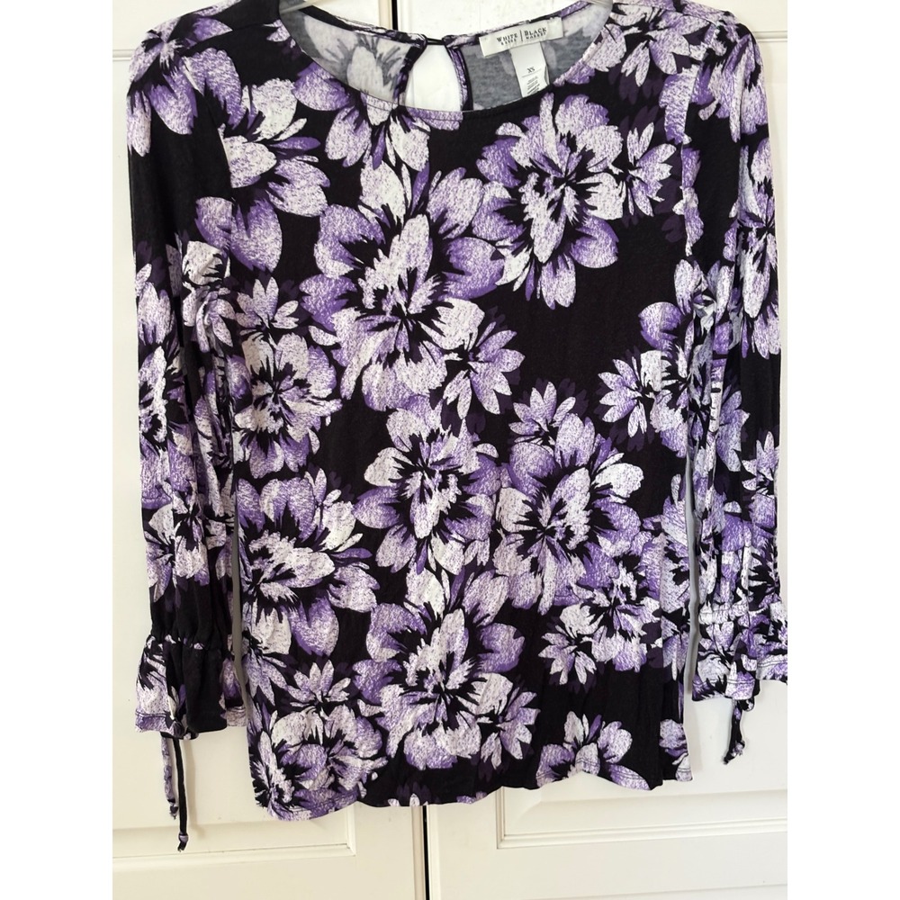 White House Black Market Purple Floral Ruffle Tie Sleeve Knit Top XS‎